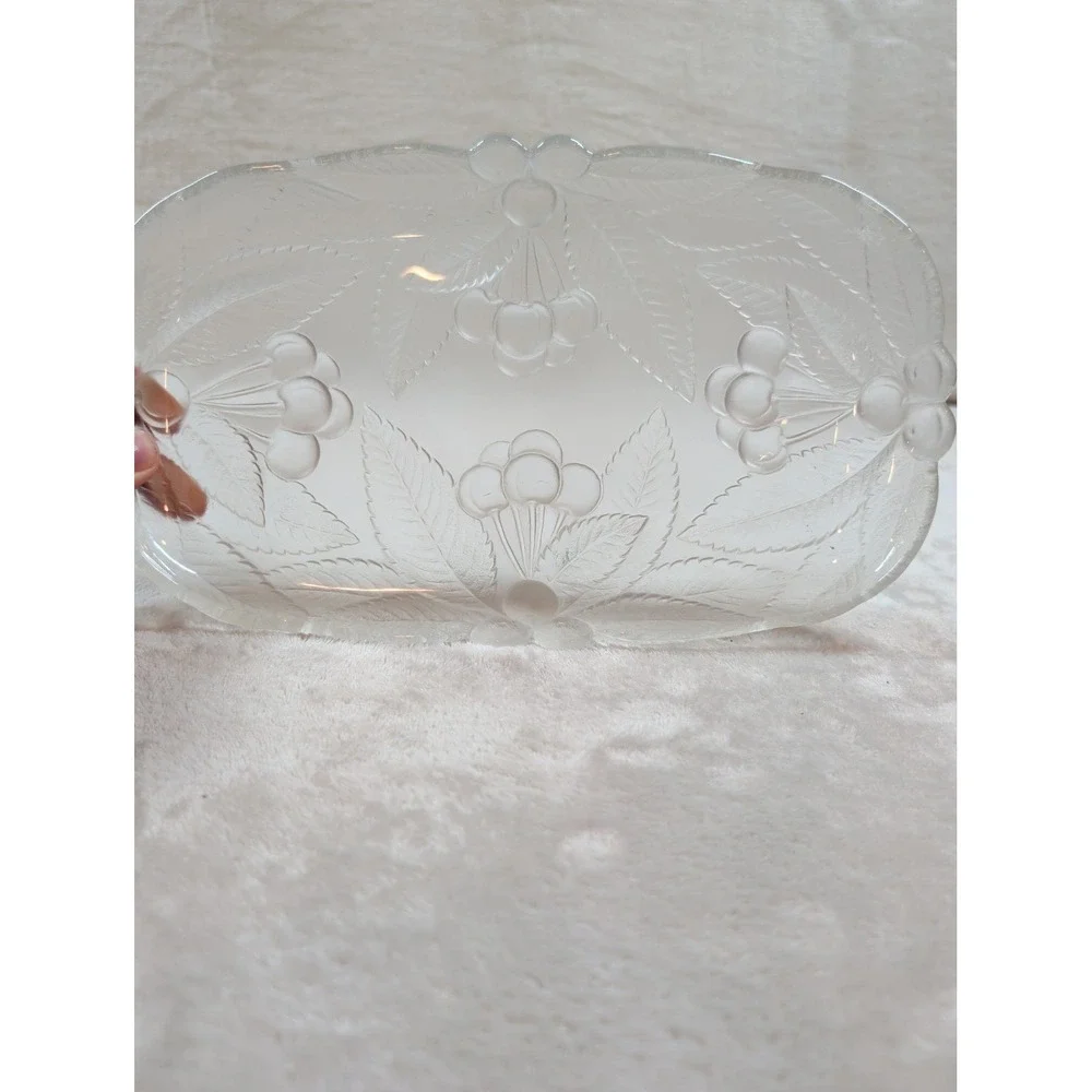 Vintage Frosted Art Glass Tray Cherry Berry Relief French Art Deco Lalique Style